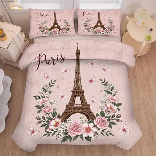 Miniatura 43 de kxry Juego de edredón de París, tamaño Queen, color rosa, Torre Eiffel Sena, ropa de cama estilo francés, edredón de paisaje urbano de París