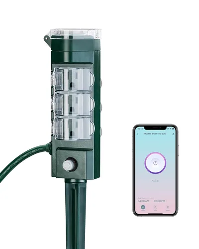 HBN Enchufe inteligente para exteriores impermeable con 6 tomas, temporizador de estaca de alimentación WiFi de 6 pies, temporizador de salida al