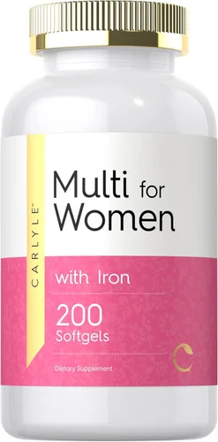 Carlyle Multivitamínico para mujeres con hierro | 200 cápsulas blandas | Vitaminas esenciales, minerales y omegas | Suplemento de apoyo nutricional