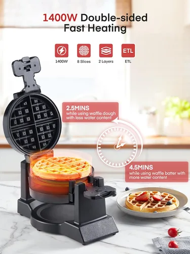 Miniatura 2 de Máquina para hacer gofres, plancha para gofres belga doble de 1400 W, giro de 180°, 8 rebanadas en 3 minutos, platos giratorios y antiadherentes