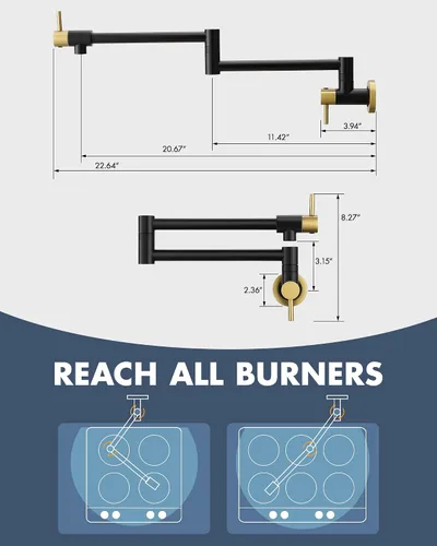 Miniatura 2 de CENOSA Llave de Llenado de Ollas Negra y Dorada Montaje en Pared Comercial Llave de Cocina para Estufa Montaje en Pared Llave de Fregadero de Cocina