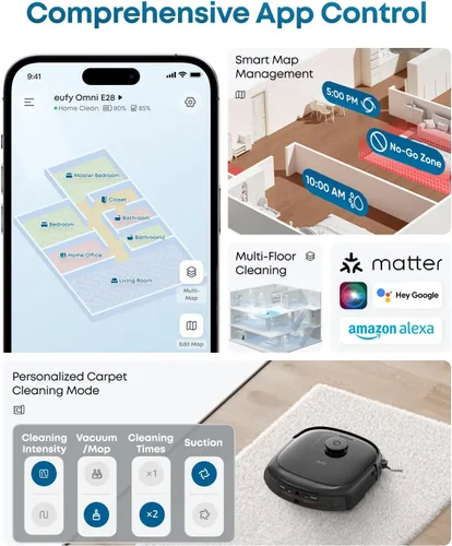 Miniatura 9 de eufy Robot Vacuum E28, succión de 20,000 Pa, mopa con rodillo con sistema HydroJet, alfombra portátil para limpieza profunda, robot aspirador todo