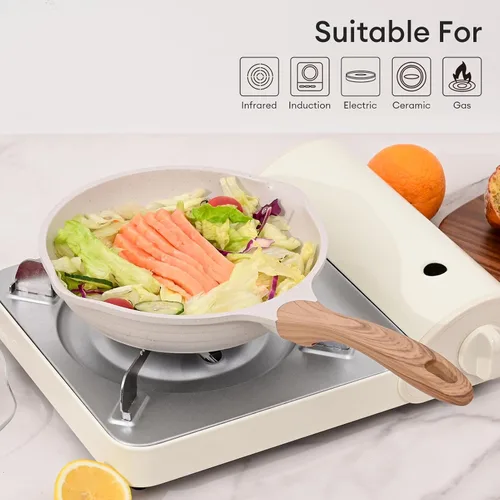 Miniatura 6 de JEETEE Sartén antiadherente de 11 pulgadas, utensilios de cocina con revestimiento de piedra, sartén antiadherente para tortilla con mango Beige