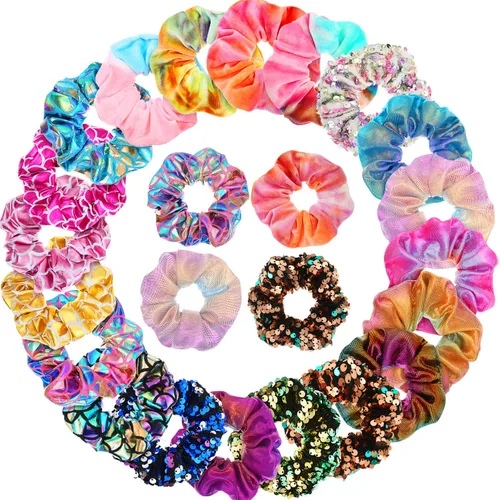 WILLBOND 20 bandas elásticas de lentejuelas brillantes y metálicas para el cabello, cuerdas brillantes, elásticas de sirena, colores brillantes,