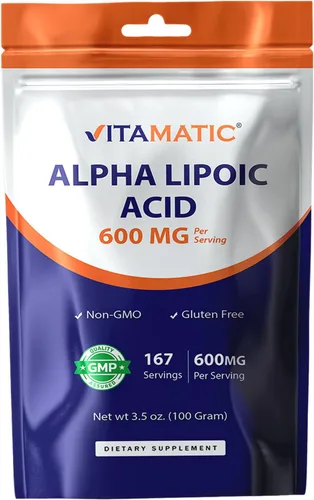 Vitamatic Ácido alfa lipoico puro (ALA) 600 mg por porción, 167 porciones, sin OMG y sin gluten