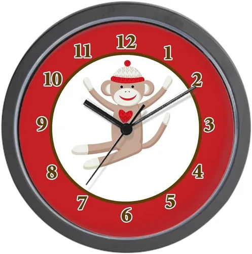 CafePress Sock Monkey - Reloj de pared rojo de 10 pulgadas para sala de estar, cocina u oficina