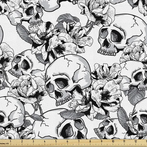 Miniatura 110 de Ambesonne The Yard, tela de calavera colorida con temática de Halloween, diseño de calavera y huesos cruzados, divertido estampado de dibujos