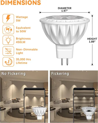 Miniatura 5 de Bombillas LED MR16 Equivalente a Halógeno de 50W Bombillas de Luz para Paisajismo, 2700K Blanco Cálido 5W GU5.3 MR16 12V Bombilla de Foco, No
