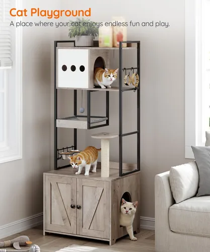 Miniatura 8 de HOOBRO Árbol para gatos con caja de arena, torre para gatos de 58.7 pulgadas de alto con muebles de caja de arena oculta, con poste rascador