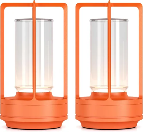 Portable Metal Table Lamp for Indoor/Outdoor ,Rechargeable Cordless LED Lamp, 3-Colour Infinitely Dimming Battery Powered Small Desk Lamp, Orange