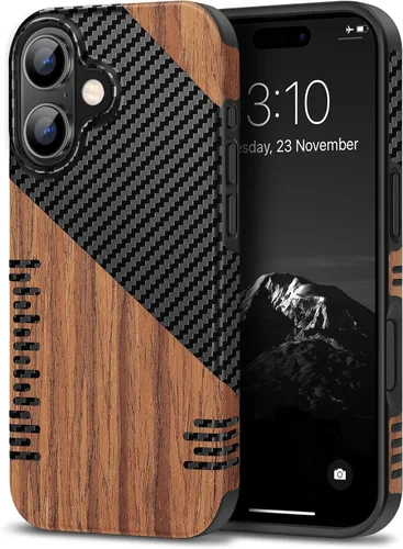 Miniatura 30 de TENDLIN Compatible con iPhone 17 Pro Max Funda de madera con textura de fibra de carbono Diseño de cuero híbrido delgado (negro)