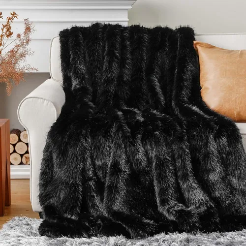 Miniatura 2 de BATTILO HOME Manta de Tiro de Piel Sintética Negra Mullida y Lujosa, Manta Negra para Sofá, Sillón, Silla, Cama, Mantas de Piel Mullida, Suave
