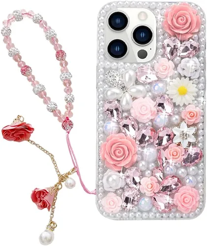 para iPhone 14 Pro - Funda con Purpurina y Diamantes de Imitación, de Lujo, con Cristales Brillantes, Flores de Rosa, Perlas Florales, Pulseras,