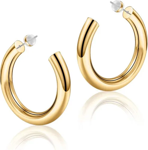 Aretes de aro para mujer chapados en oro de 14 quilates ligeros y gruesos abiertos de acero inoxidable quirúrgico 316L con postes gruesos dorados