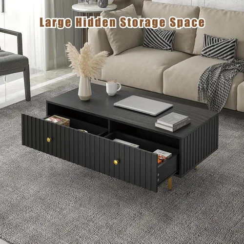 Miniatura 3 de HedoAjim Mesa de centro moderna con almacenamiento con 2 cajones grandes, mesa auxiliar rectangular negra para sala de estar, mesa de té acanalada
