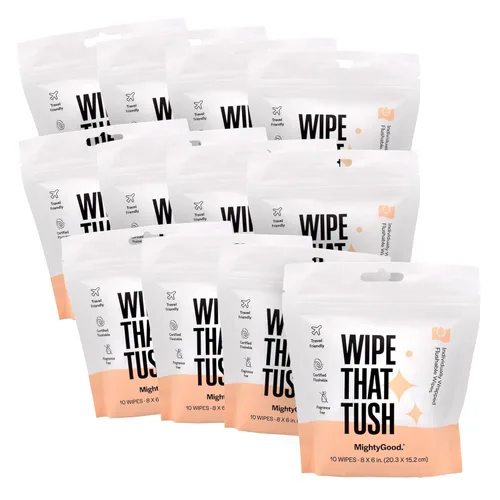 Wipe That Tush On-The-Go Toallitas desechables a granel – 12 paquetes de 10 toallitas de viaje envueltas individualmente, 120 en total – Sin