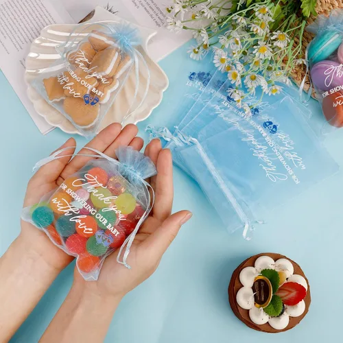 Miniatura 2 de Jspupifip 100 bolsas de regalo de agradecimiento para bebé, bolsas azules de 4 x 6 pulgadas, organza transparente, a granel para invitados