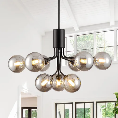 Miniatura 14 de Lámpara de techo Sputnik negra montaje semiempotrado lámpara de techo de 5 luces con globo blanco lechoso moderna lámpara de araña Sputnik