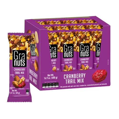 Miniatura 3 de Granuts Cranberry Trail Mix Cacahuetes caramelizados Nueces de maíz crujientes + almendras Arándanos suaves Sabores salados + dulces Snack