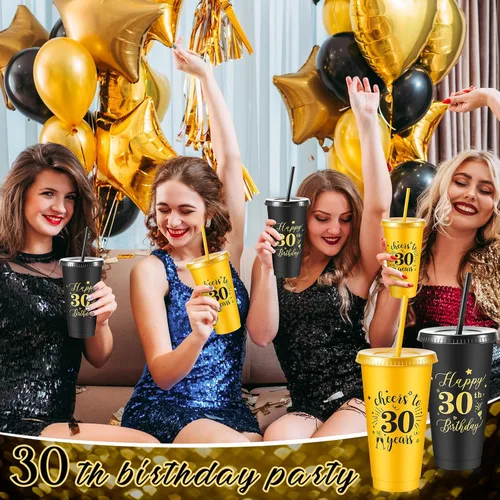 Miniatura 5 de Uiifan 12 vasos de plástico de plástico con tapa y popote de 24 onzas para cumpleaños, cumpleaños, bodas, aniversarios, decoración (30º)