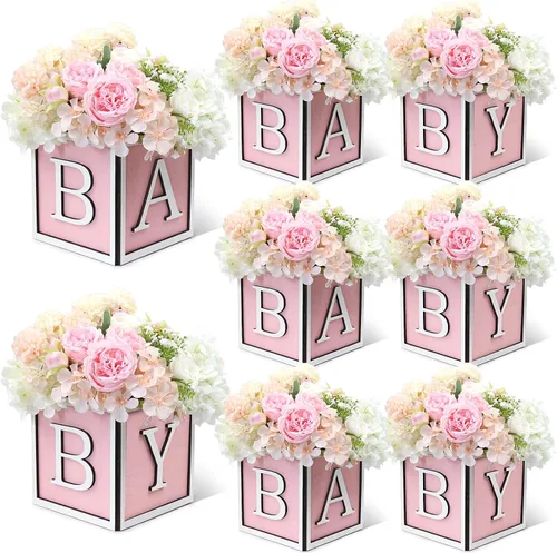 Miniatura 11 de Juego de 4 centros de mesa de baby shower para mesas, cajas de madera de 6 pulgadas con letras de bebé, cubos rústicos, bloques de madera para Rosa
