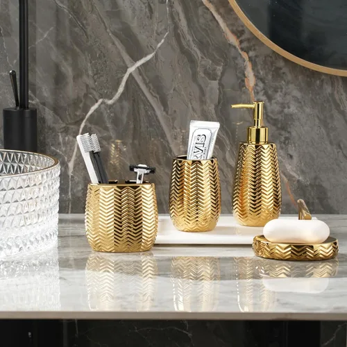 Miniatura 4 de Juego de 4 accesorios de baño, accesorios de baño de cerámica dorada completos con dispensador de jabón, soporte para cepillos de dientes, vaso