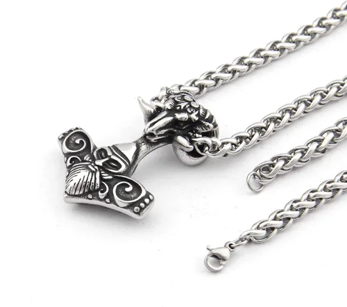 Miniatura 2 de BAVIPOWER Viking Ram - Colgante de cabeza de cabra Mjolnir, collar de martillo de Thors de acero inoxidable, joyería pagana nórdica para hombres