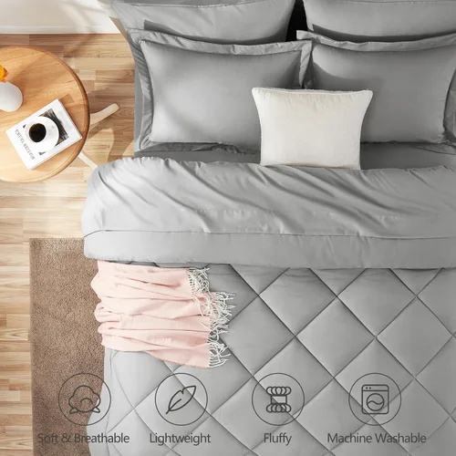 Miniatura 2 de CozyLux Juego de edredón de tamaño matrimonial, gris claro, toda la ropa de cama en una sola bolsa, 7 piezas: edredón, fundas de almohada