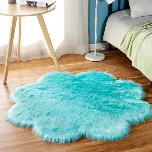 Miniatura 3 de Alfombra redonda de piel de oveja sintética, suave y lanuda. Alfombra mullida para el hogar, decoración de dormitorio, azul (Flower Blue)