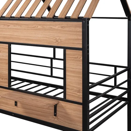 Miniatura 4 de Harper & Bright Designs Cama tipo loft con techo y escalera integrada, cama alta de metal tamaño individual con ventana y valla de seguridad