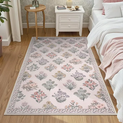 Miniatura 17 de Wonnitar Alfombras rosas para dormitorio, niñas, guardería, alfombra lavable con estampado floral de 5 x 7 pies, bohemio, ultrafina, antideslizante