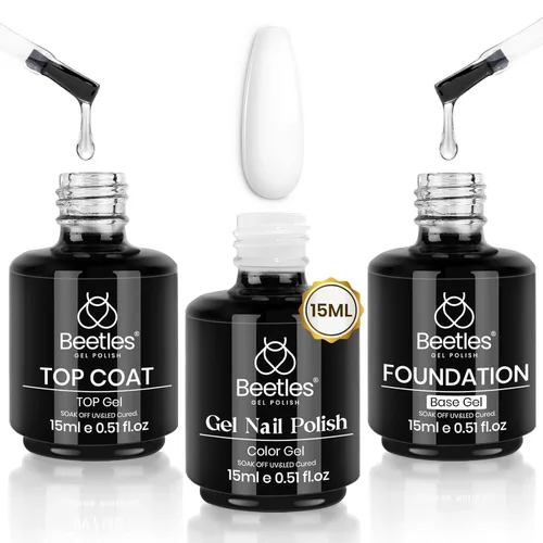 Beetles - Juego de 3 esmaltes de uñas de gel blanco de 0.5 fl oz y capa base de gel que no se limpia, lámpara UV y capa superior brillante de larga