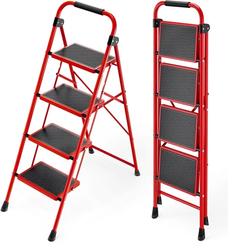 KINGRACK Escalera plegable de 4 escalones, escalera de acero de seguridad resistente de alta resistencia con pasamanos y pedales anchos para Rojo