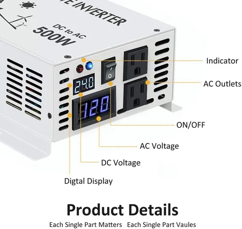 Miniatura 3 de WZRELB Inversor de corriente solar pura de onda sinusoidal 500w 24v DC a 120v AC 60hz