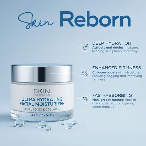 Miniatura 3 de Skin Aesthetics Hidratante facial con ácido hialurónico y colágeno, antienvejecimiento, ultra hidratante, líneas finas y arrugas, cuidado de la piel