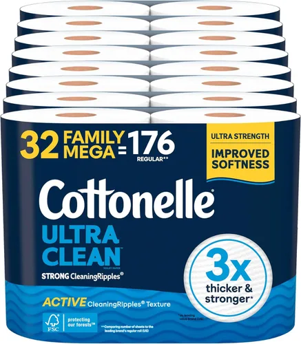 Cottonelle Papel Higiénico Ultra Limpio con Textura de Ondas de Limpieza Activa, Papel de Baño Resistente, 32 Rollos Mega Familiares = 176 Rollos