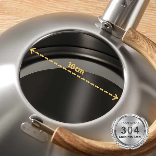 Miniatura 4 de Hervidor de té de acero inoxidable 18/8 para estufa (2L / 2.1 cuartos, tetera silbante, mango de madera) - Plateado