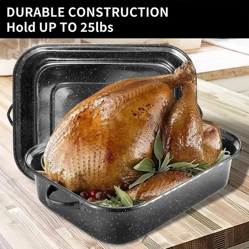 Miniatura 4 de JY COOKMENT Bandeja para Asar con Tapa y Rejilla, Rectangular de 21", Olla Asadora para Pavo de 25 lb, Bandeja Grande para Horno, Rejilla en V