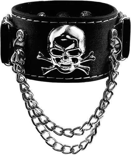 Miniatura 2 de Eigso Pulsera de cuero sintético negro con calavera para hombre y mujer, pulsera ajustable