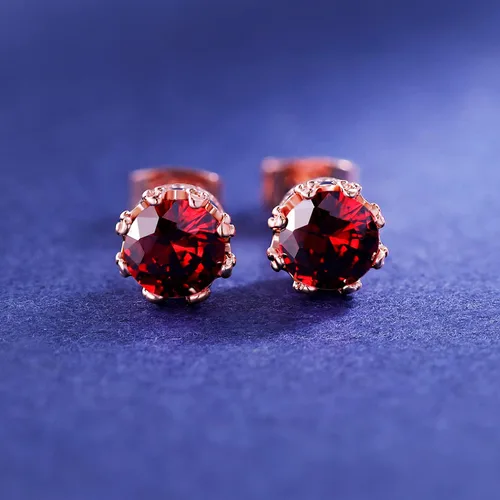Miniatura 33 de MDFUN Aretes chapados en oro rosa para mujer, 0.236 in, corona brillante redonda, piedra natal, regalo de cumpleaños