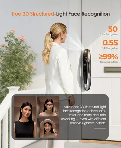 Miniatura 5 de Cerradura inteligente de reconocimiento facial 3D con cámara y manija, timbre de video, entrada sin llave 7 en 1, impermeable IP67, pantalla HD