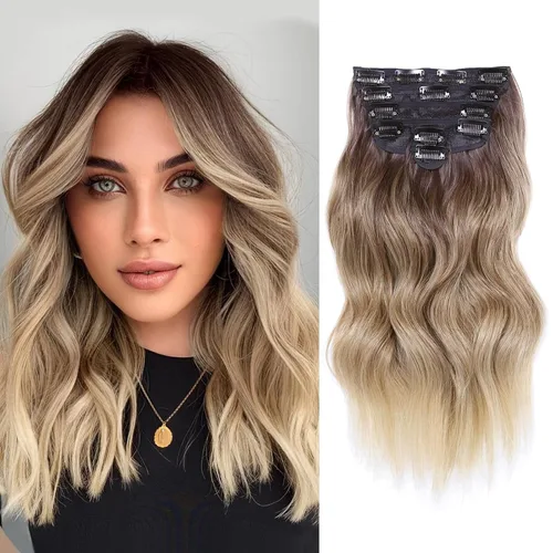 Miniatura 9 de NAYOO Extensiones de cabello con clip, de 20 pulgadas, largo, ondulado, rizado, rubio ceniza, extensiones de cabello sintético de cabeza completa