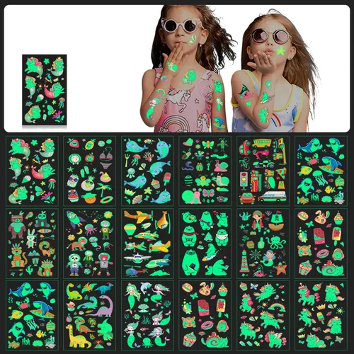 Miniatura 4 de 297 tatuajes luminosos para niños, 16 hojas de estilos mixtos de tatuajes temporales con sirena/dinosaurio/espacio/pirata para niños y niñas
