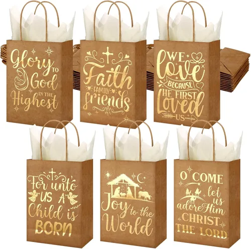 Sabary 24 bolsas de regalo religiosas de Navidad, bolsas de regalo cristianas de Navidad, bolsas de regalo de papel kraft metálico con asas y