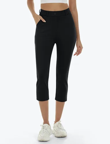 Miniatura 2 de MoFiz Pantalones capri de golf para mujer, elásticos, ajustados, informales, de pierna recta, pantalones de yoga con bolsillos, pantalones de oficina