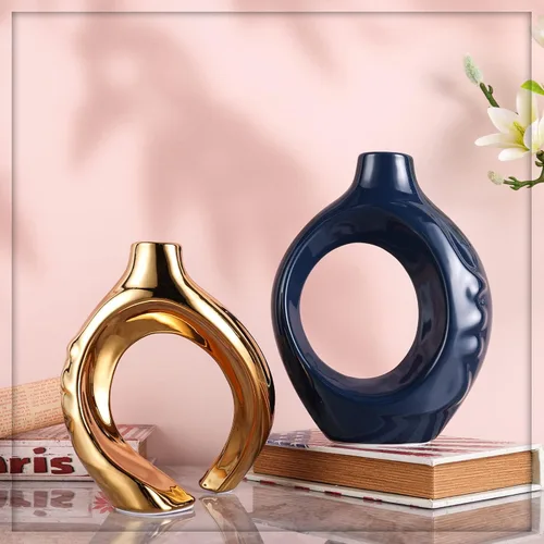Miniatura 3 de Jarrón de cerámica azul marino para decoración del hogar, jarrón redondo azul marino dorado con agujeros, juego de 2, adecuado para decoración