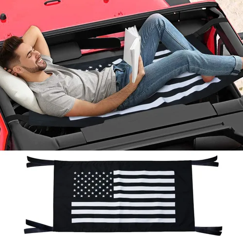 Hamaca con bandera de EE. UU., red de techo para carga para Jeep Wrangler YJ TJ JK JKU JL JLU JT 1987-2021 Tejido impermeable y cómodo en color negro