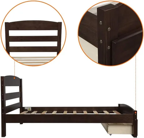Miniatura 5 de Merax. WF186776 - Marco de madera para cama individual con almacenamiento, cabecero, soporte de listones de madera (espresso)