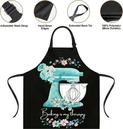 Miniatura 3 de ANNA QUEEN Delantal con 2 bolsillos impermeable para mujeres y hombres, estampado floral ajustable para cocina, hornear, barbacoa