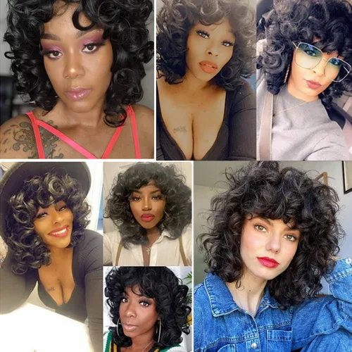 Miniatura 6 de andromeda Pelucas rizadas marrones para mujeres negras, peluca rizada afro suave con flequillo, suelta, bonita, rizada, resistente al calor, aspecto